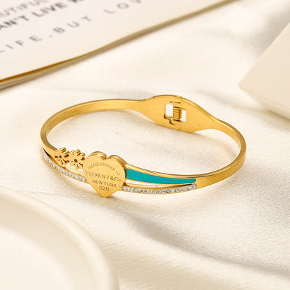 304 Stainless Steel Turquoise-Accent Heart Bangle Bracelet