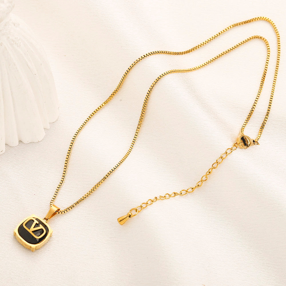 304 Stainless Steel Color-Inlay V-Motif Pendant Necklace