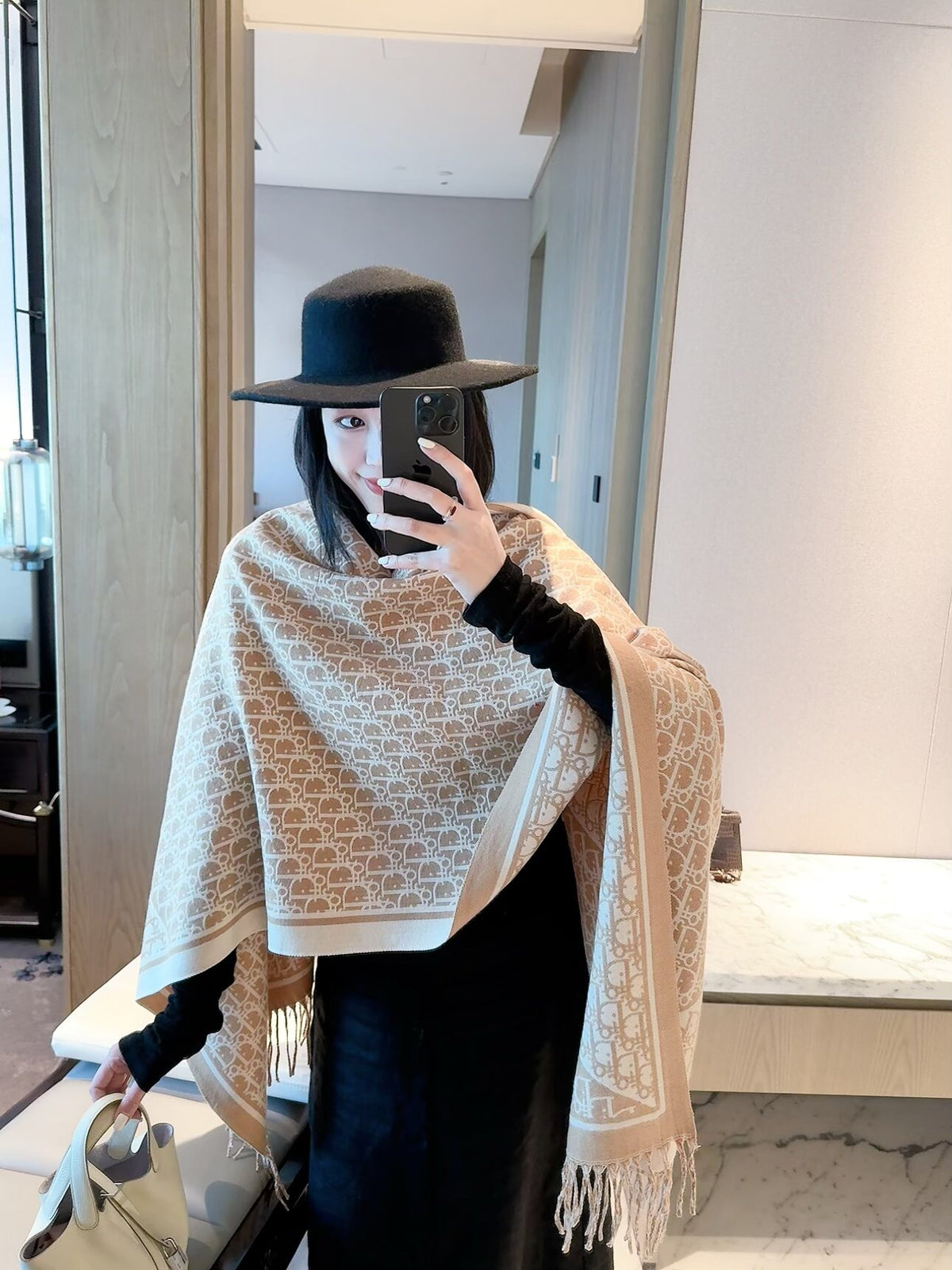Allover Monogram Border Scarf with Fringe