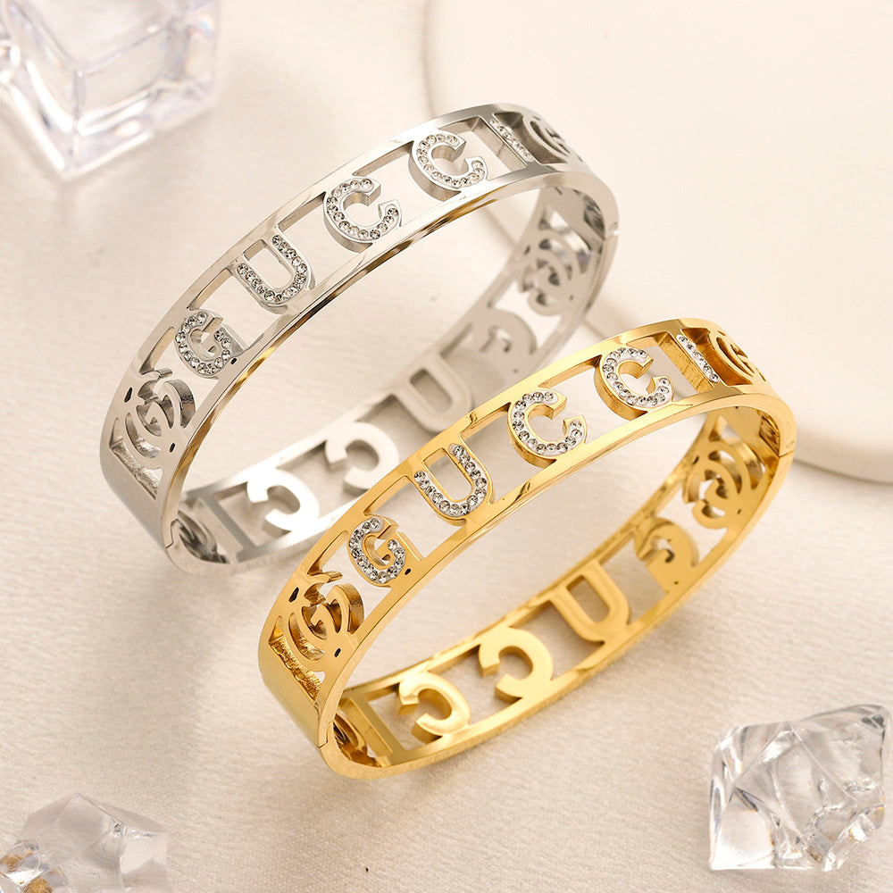 304 Stainless Steel Openwork Lettering Pave Bangle Bracelet