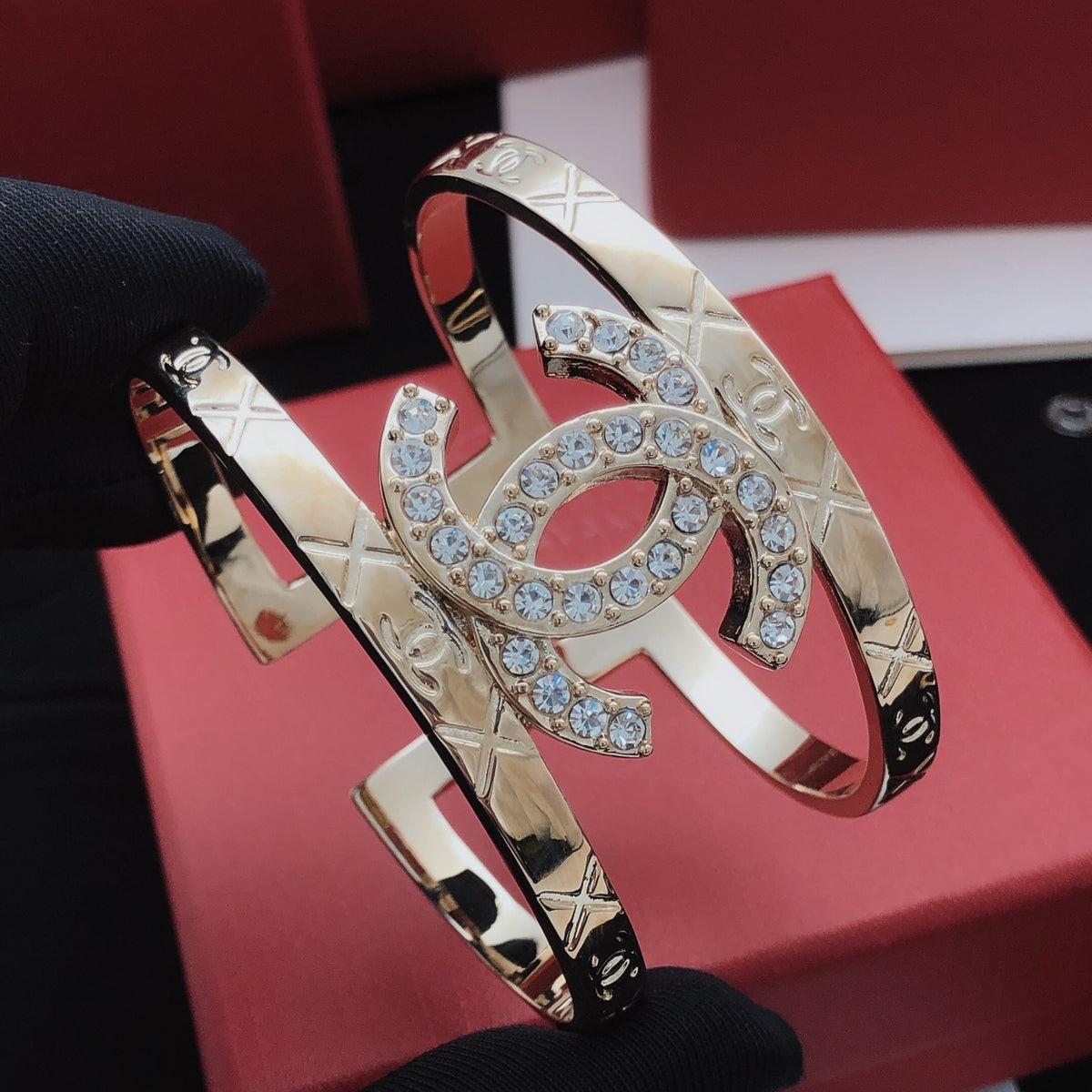 Wide Pave Interlocking-C Cuff Bracelet