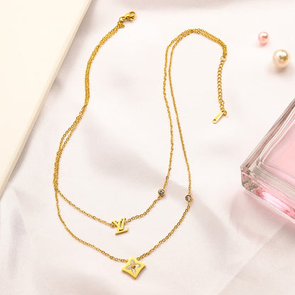 304 Stainless Steel Layered Floral Pendant Chain Necklace
