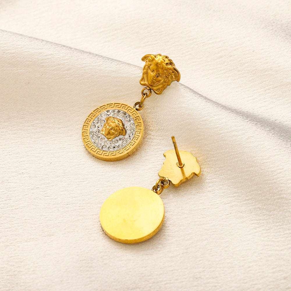 304 Stainless Steel Pave Round Medallion Drop Earrings