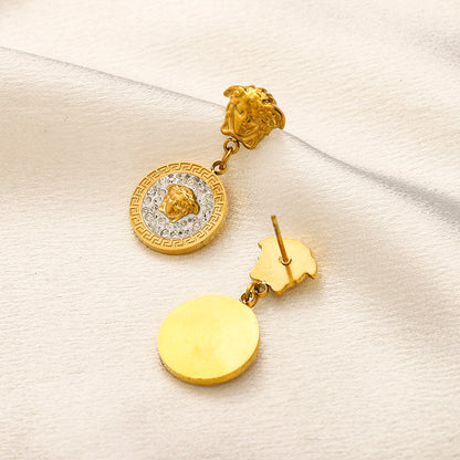 304 Stainless Steel Pave Round Medallion Drop Earrings