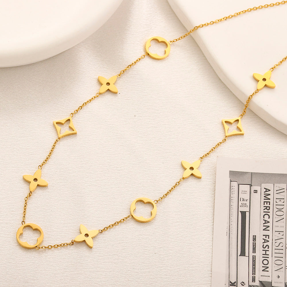 304 Stainless Steel Geometric Floral Link Necklace