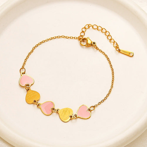 304 Stainless Steel Pink Heart Station Chain Bracelet