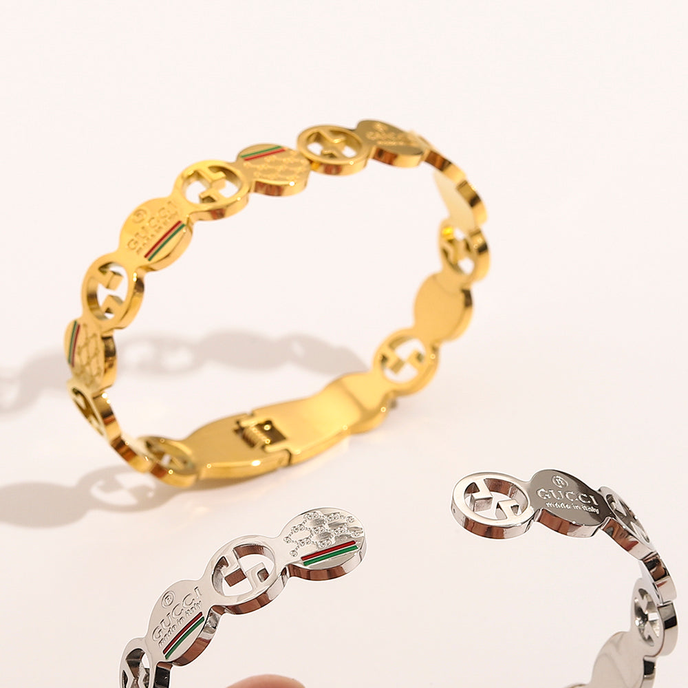 304 Stainless Steel Cutout Double-G Station Bangle Bracelet
