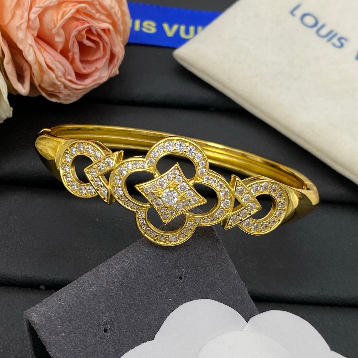 Pave Quatrefoil Open Cuff Bracelet