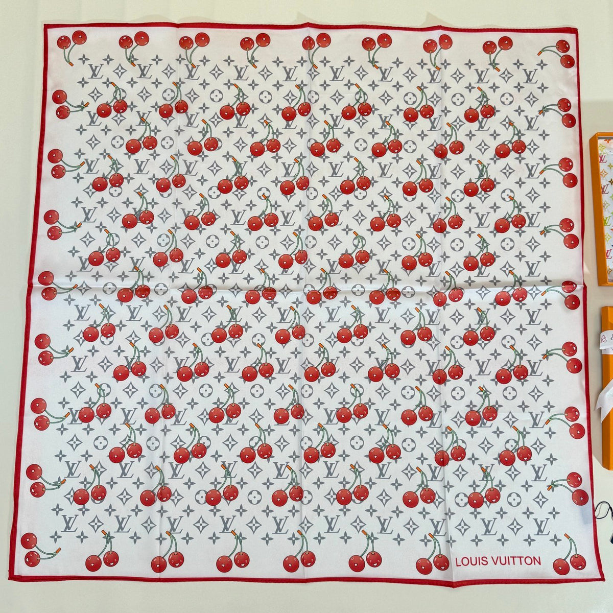 Cherry & Monogram Square Scarf - 90 x 90 cm