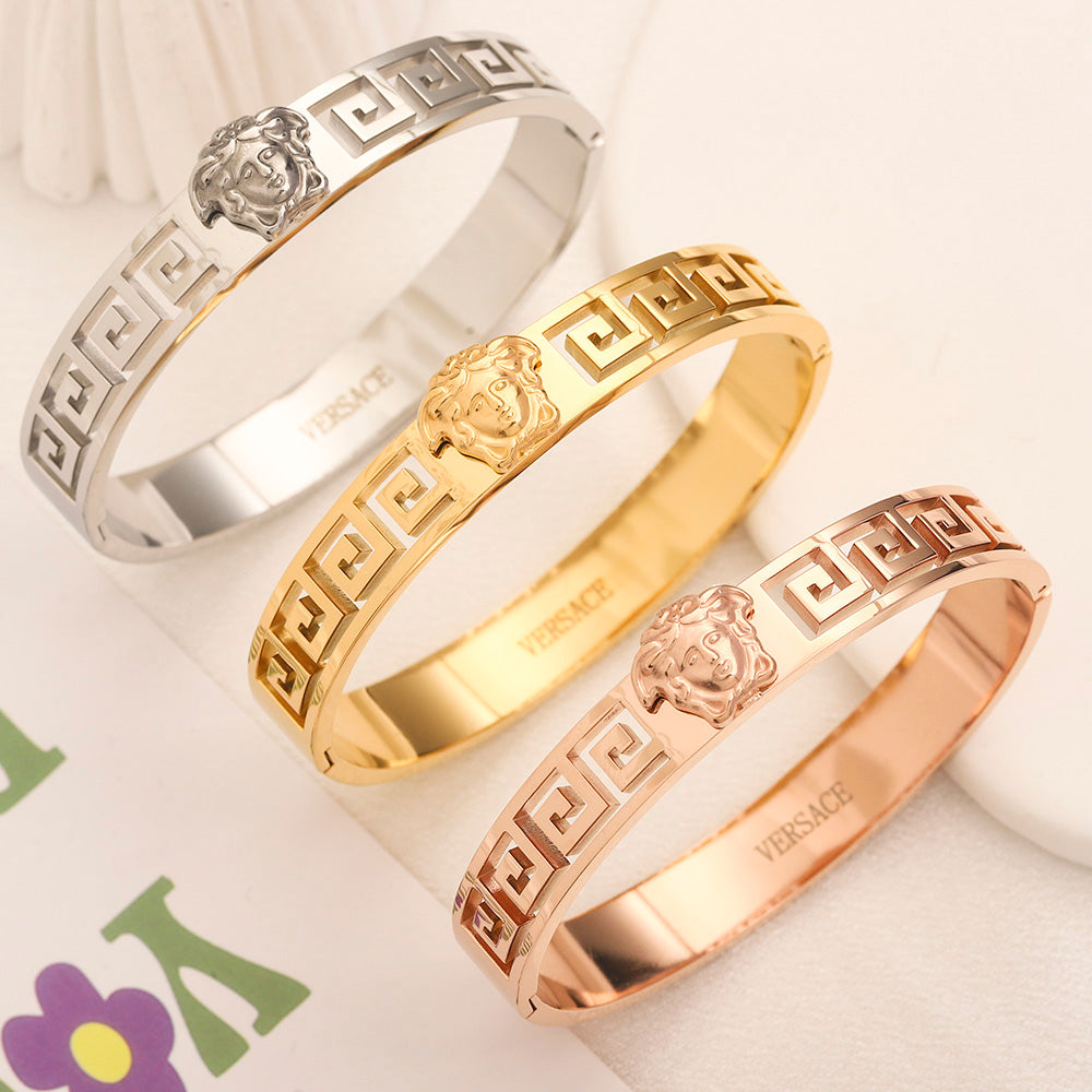 304 Stainless Steel Greek-Key Hinged Bangle Bracelet