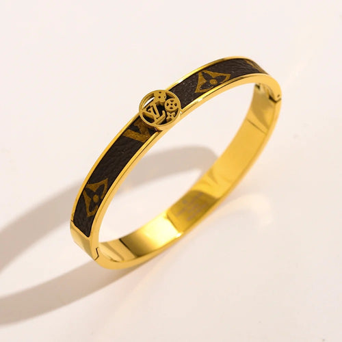 304 Stainless Steel Dark-Inlay Round Monogram Bangle Bracelet