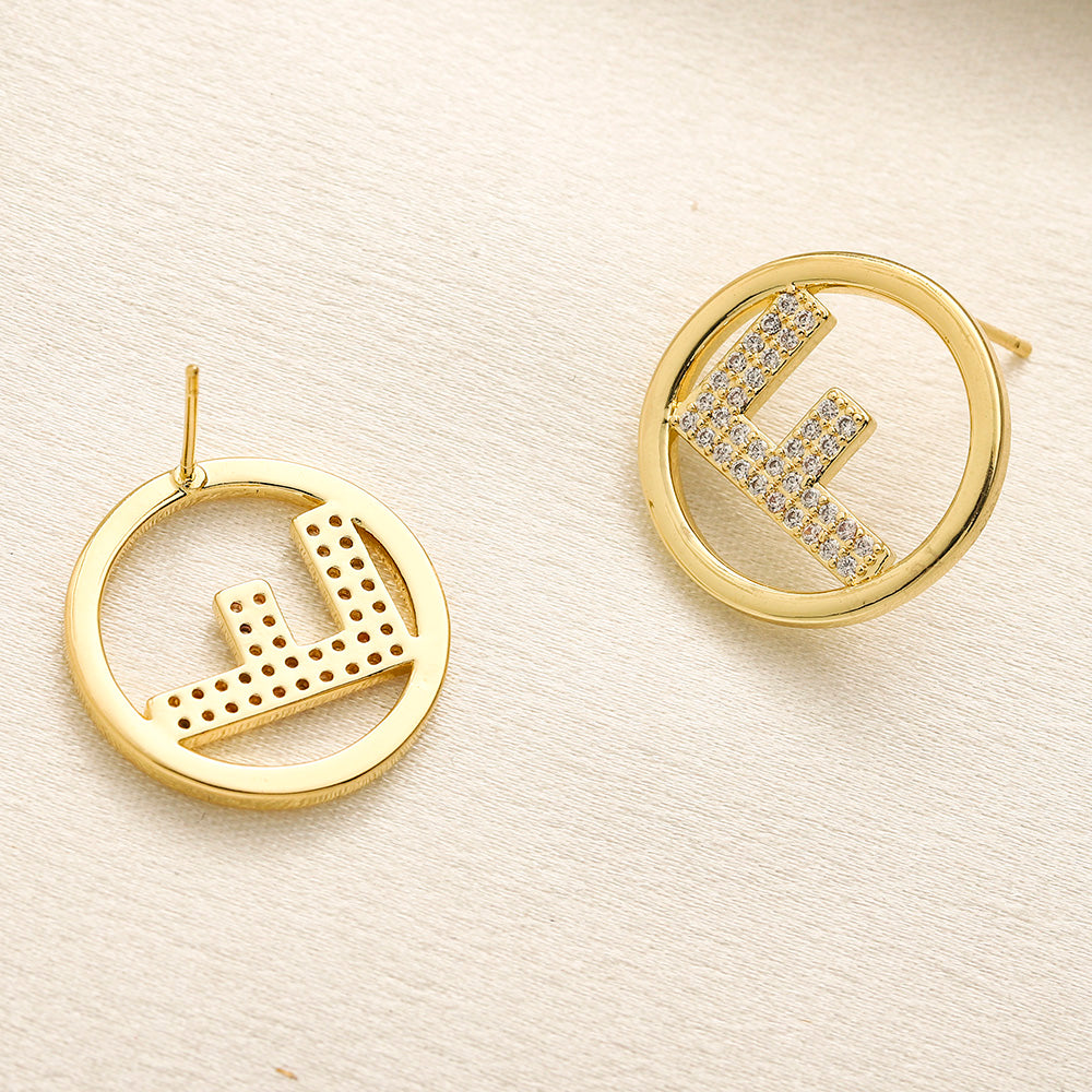 304 Stainless Steel Pave Round F-Motif Stud Earrings