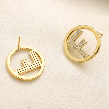 304 Stainless Steel Pave Round F-Motif Stud Earrings
