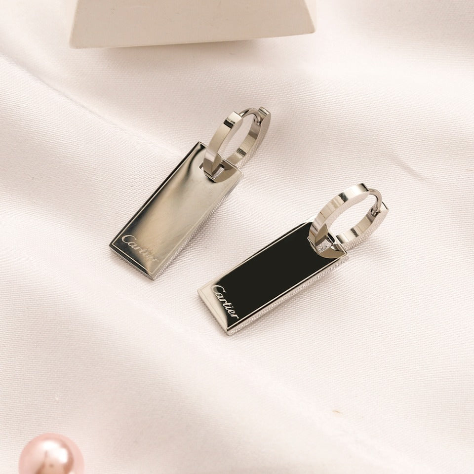 304 Stainless Steel Rectangle Tag Charm Huggie Earrings
