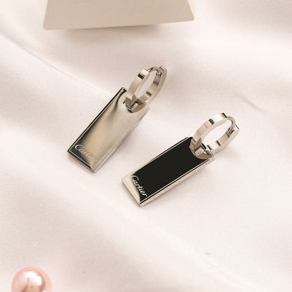 304 Stainless Steel Rectangle Tag Charm Huggie Earrings
