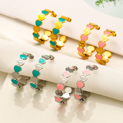 304 Stainless Steel Colorful Heart-Link Hoop Earrings