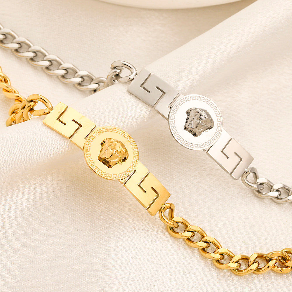 304 Stainless Steel Greek-Key Medallion Curb Chain Bracelet