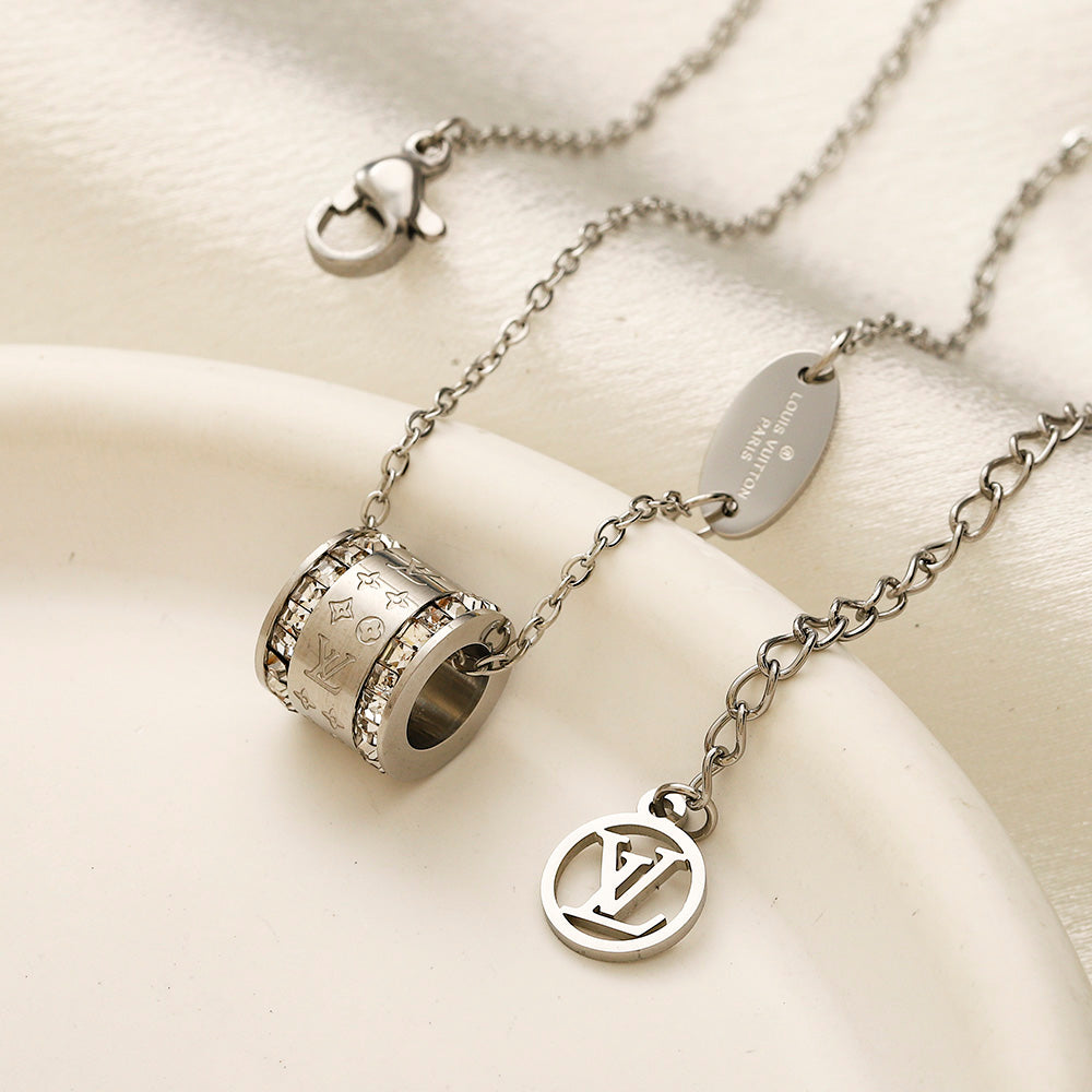304 Stainless Steel Pave-Edge Barrel Pendant Necklace