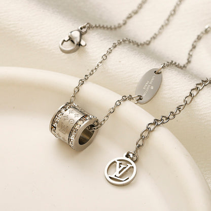 304 Stainless Steel Pave-Edge Barrel Pendant Necklace