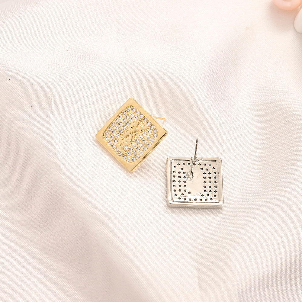 304 Stainless Steel Pave Square Monogram Stud Earrings