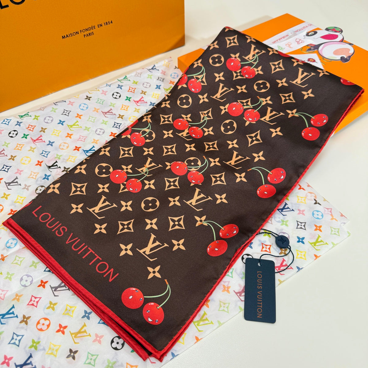 Cherry & Monogram Square Scarf - 90 x 90 cm