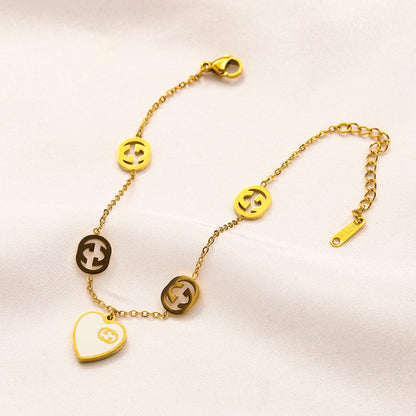 304 Stainless Steel Round Monogram & Heart Charm Bracelet