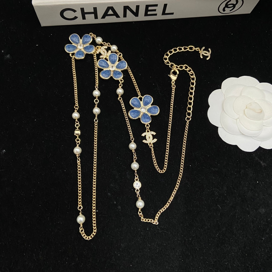 Blue Flower & Pearl-Look Bead Long Necklace