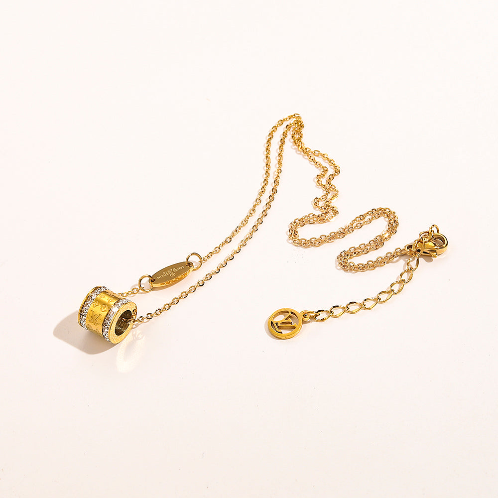304 Stainless Steel Pave-Edge Barrel Pendant Necklace