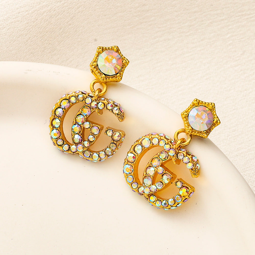304 Stainless Steel Flower & Pave Interlocking-G Drop Earrings