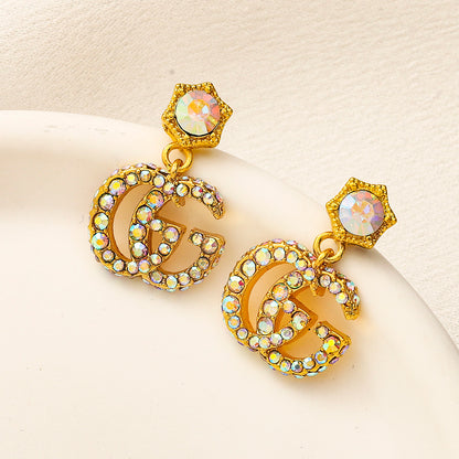304 Stainless Steel Flower & Pave Interlocking-G Drop Earrings