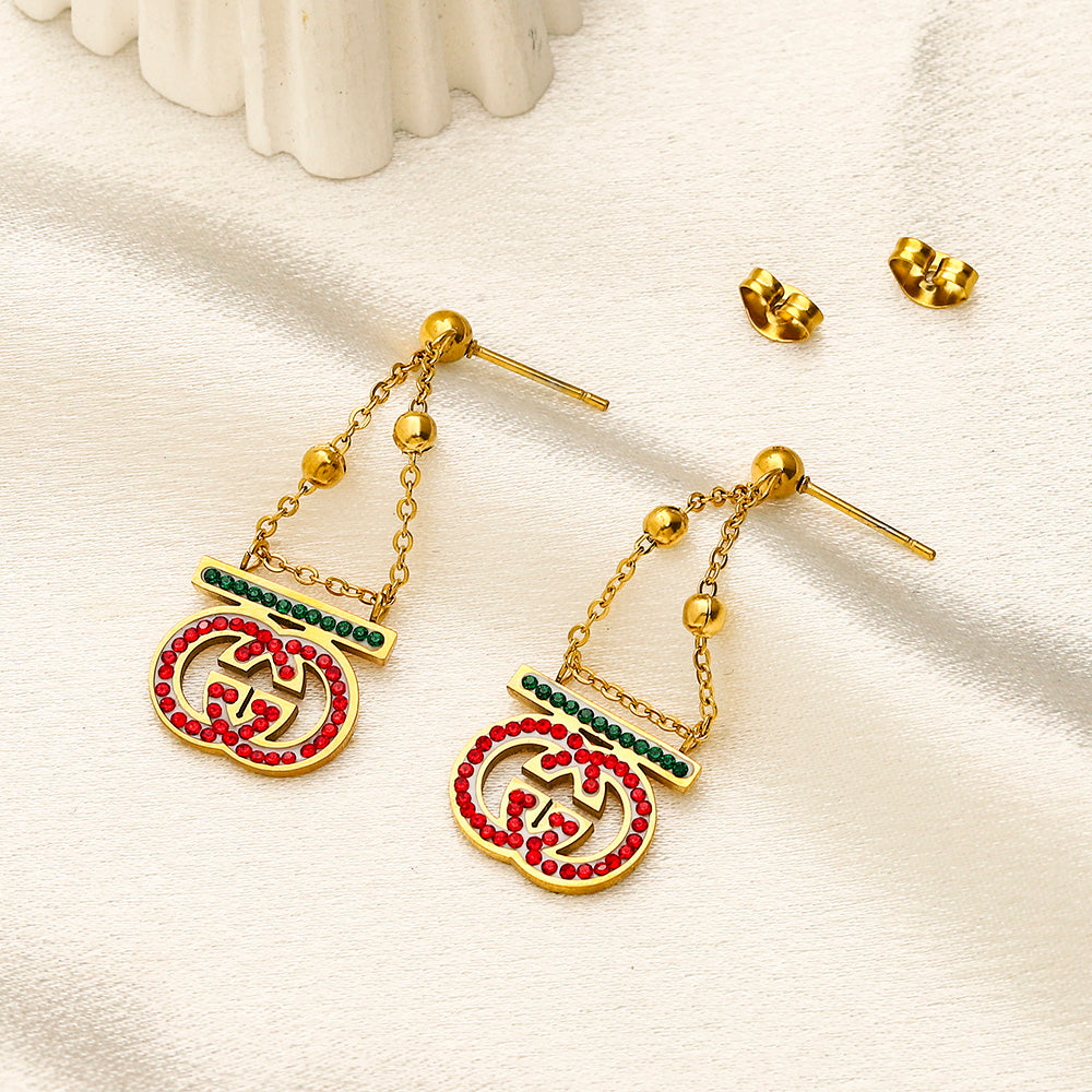 304 Stainless Steel Red & Green Triangle Chain Drop Earrings