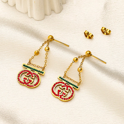 304 Stainless Steel Red & Green Triangle Chain Drop Earrings