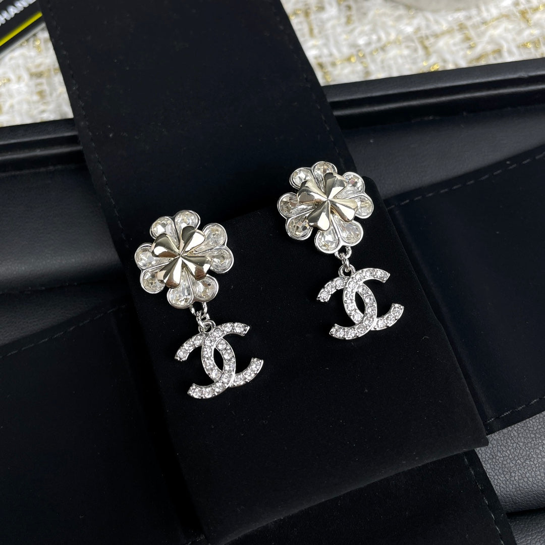 Silver-Tone Flower & Interlocking-C Drop Earrings