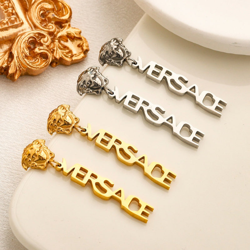 304 Stainless Steel Medusa & Vertical Letter Drop Earrings