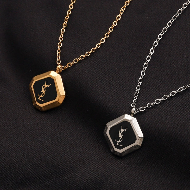 304 Stainless Steel Black-Inlay Octagonal Monogram Necklace