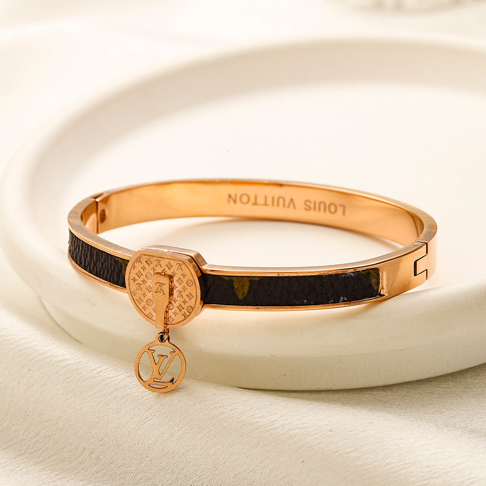 304 Stainless Steel Pave Color-Inlay Bangle with Round Charm