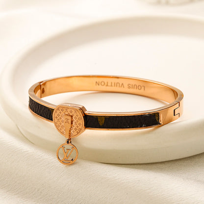 304 Stainless Steel Pave Color-Inlay Bangle with Round Charm