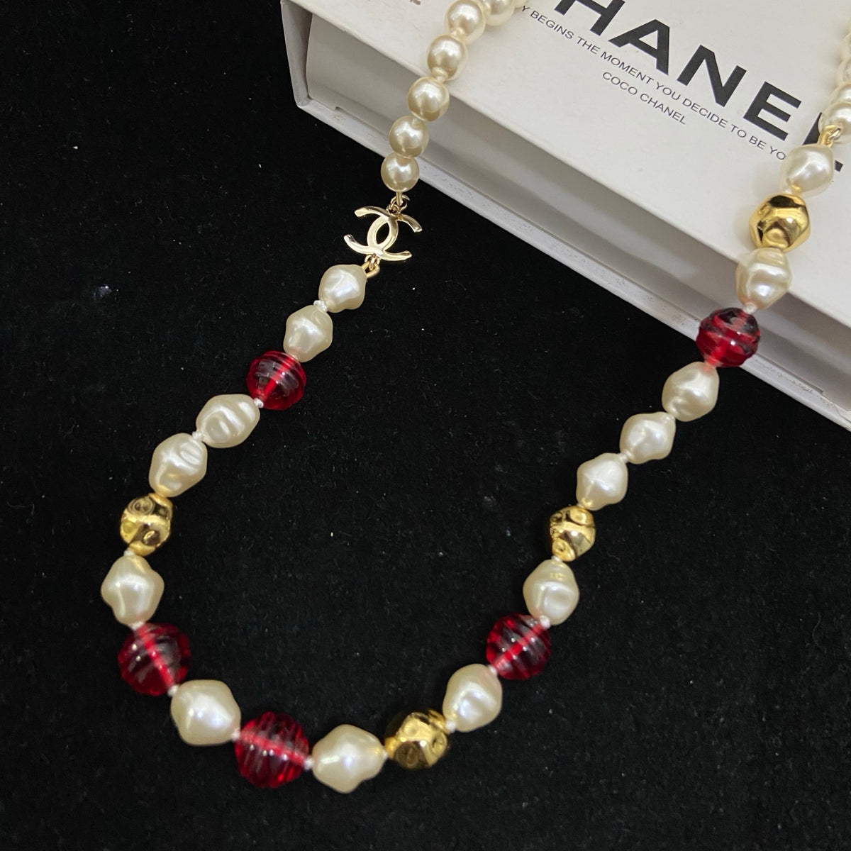 Red & Pearl-Look Bead Monogram Necklace
