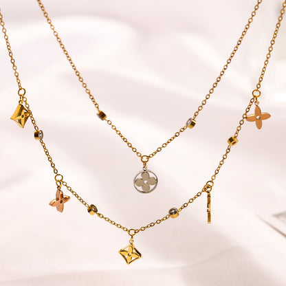 304 Stainless Steel Layered Floral Station Monogram Necklace