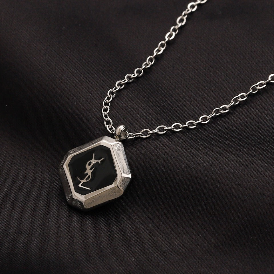 304 Stainless Steel Black-Inlay Octagonal Monogram Necklace