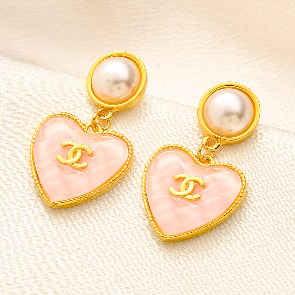 304 Stainless Steel Pearl-Effect & Pastel Heart Drop Earrings