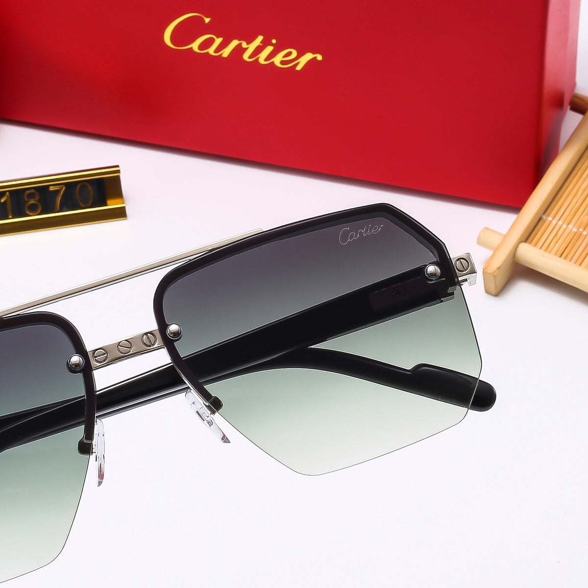 Oversized Rimless Square Sunglasses with Decorative Temples