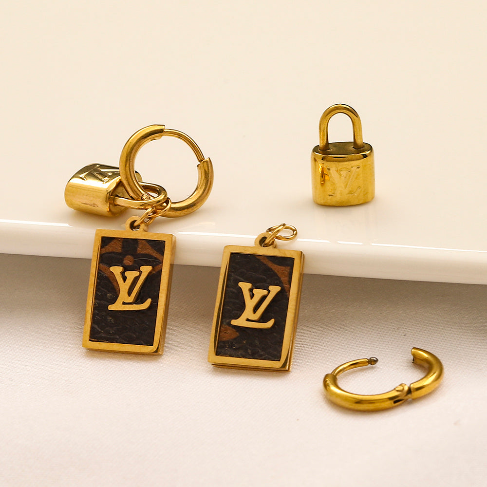 304 Stainless Steel Padlock & Black Tag Charm Hoop Earrings