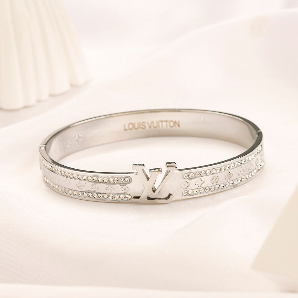304 Stainless Steel Pave Monogram Slim Bangle Bracelet