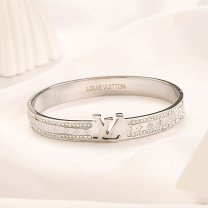 304 Stainless Steel Pave Monogram Slim Bangle Bracelet