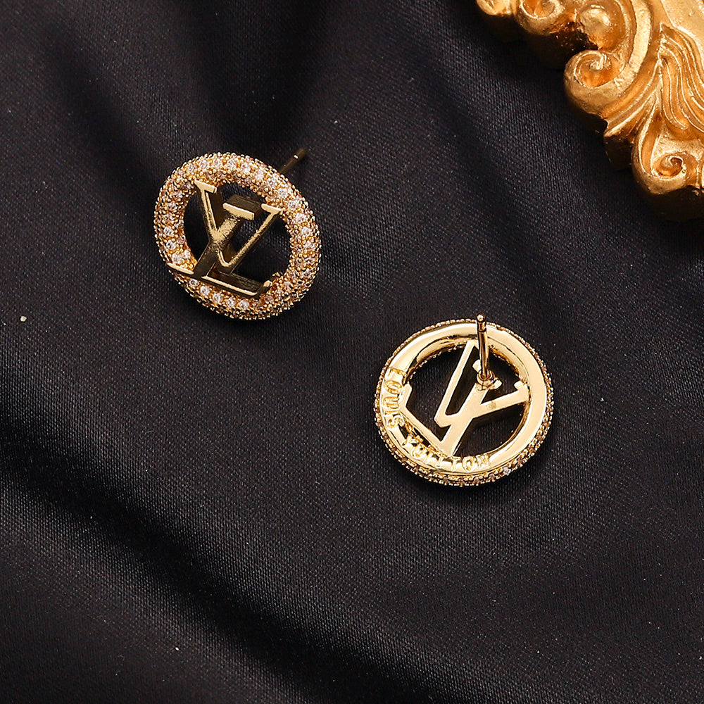 304 Stainless Steel Pave Round Monogram Stud Earrings