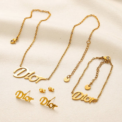 304 Stainless Steel Letter-Motif Earrings, Bracelet & Necklace Collection