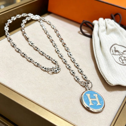 Blue H-Medallion Chunky Chain Necklace
