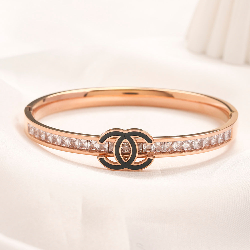 304 Stainless Steel Slim Pave Interlocking-C Bangle Bracelet