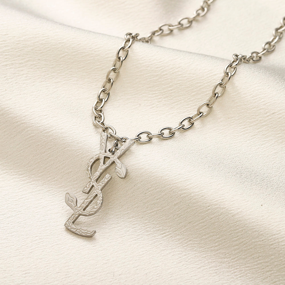 304 Stainless Steel Round-Link Monogram Pendant Necklace